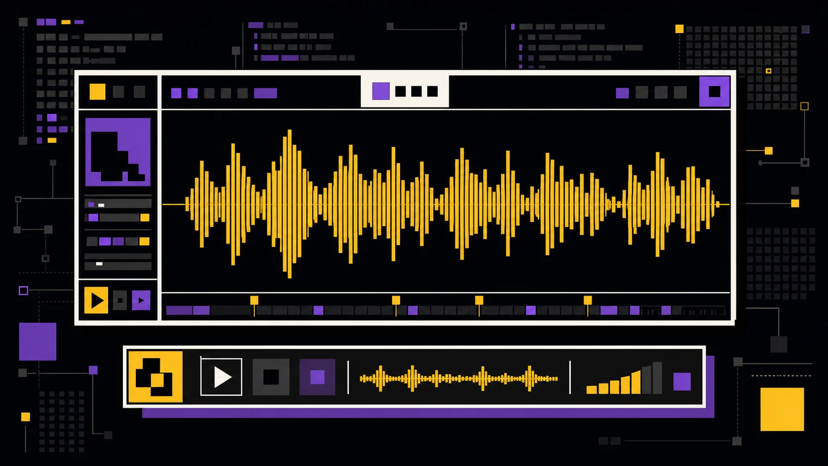 A neo-brutalist music player interface with an amber audio waveform on a dark background
