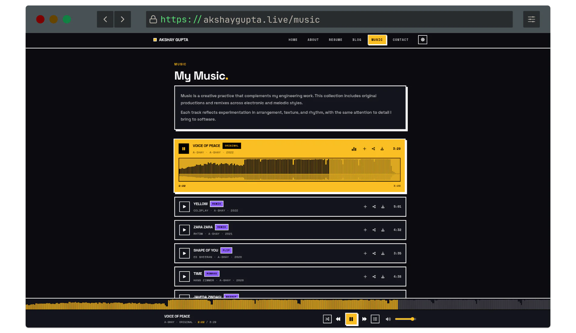 The rebuilt music page on desktop: the active track expanded into an amber slab with its waveform, the remaining tracks listed below, and the persistent player bar pinned to the bottom of the viewport