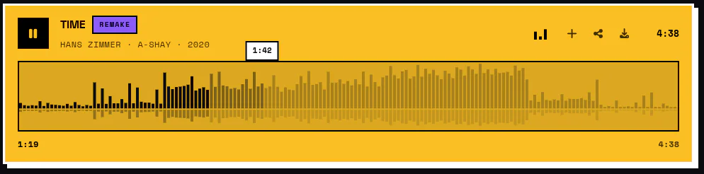 Close-up of an expanded track showing the waveform seeker: dark played bars, lighter idle bars, the reflected lower half, a hover tooltip reading 1:42, and the elapsed and total time underneath